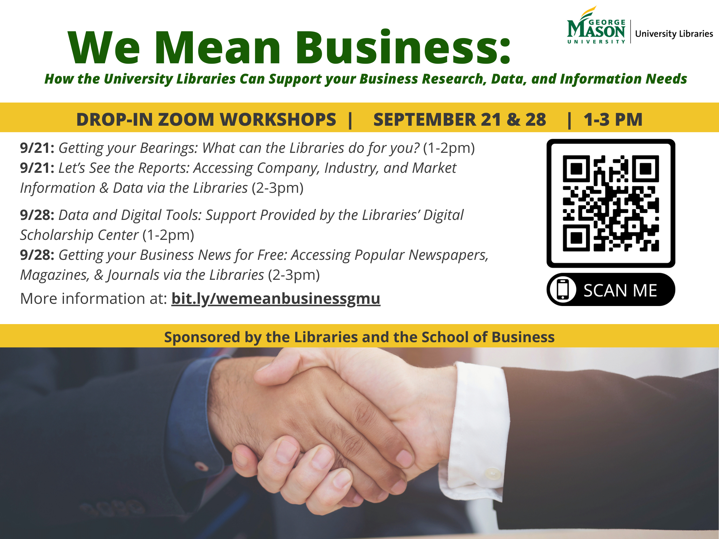 University Libaries Fall 2023 workshop series for School of Business students, Sept 21 & 28, 1-3pm, Zoom workshops