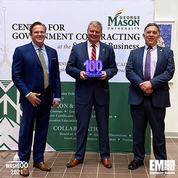 (l-r) Jim Garrettson, founder and chief executive officer of Executive Mosaic, George Mason University Center for Government Contracting Executive Director Jerry McGinn, and Dean Maury Peiperl